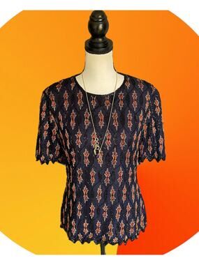 Stenay Blue Short Sleeve Beaded Vintage  Embellished Top M 4 6